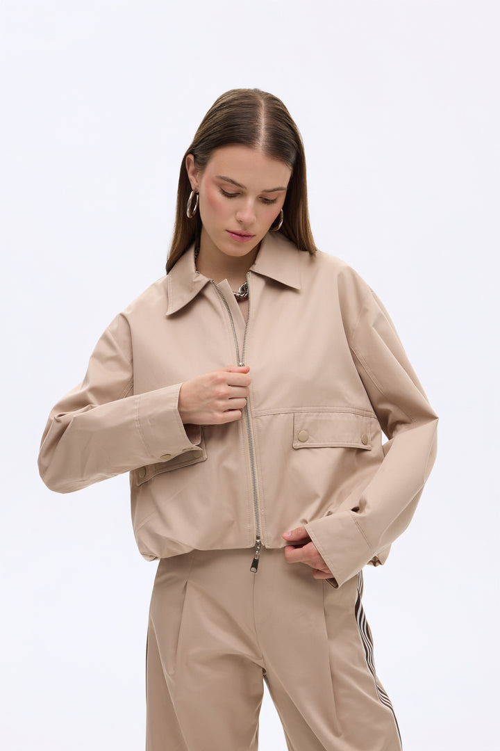 Sırtı Şeritli Gömlek Yaka Oversize Bomber Ceket Bej