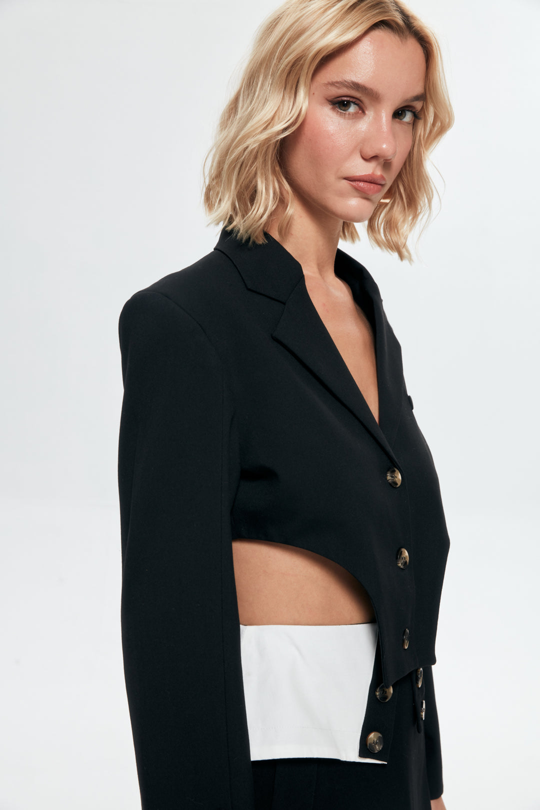 Asymmetrical Buttoned Crop Blazer Jacket Black