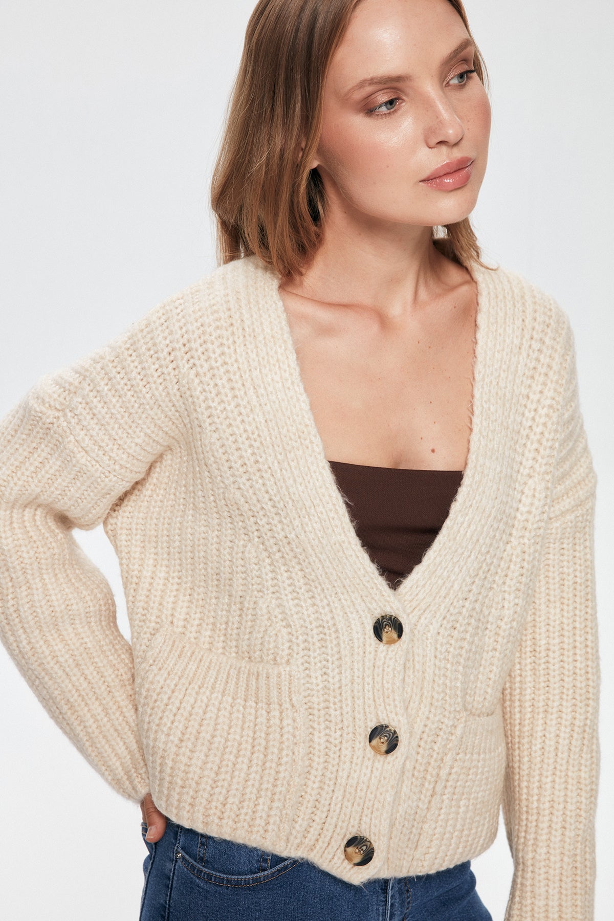 Button Detailed Pocket Knitted Cardigan Stone