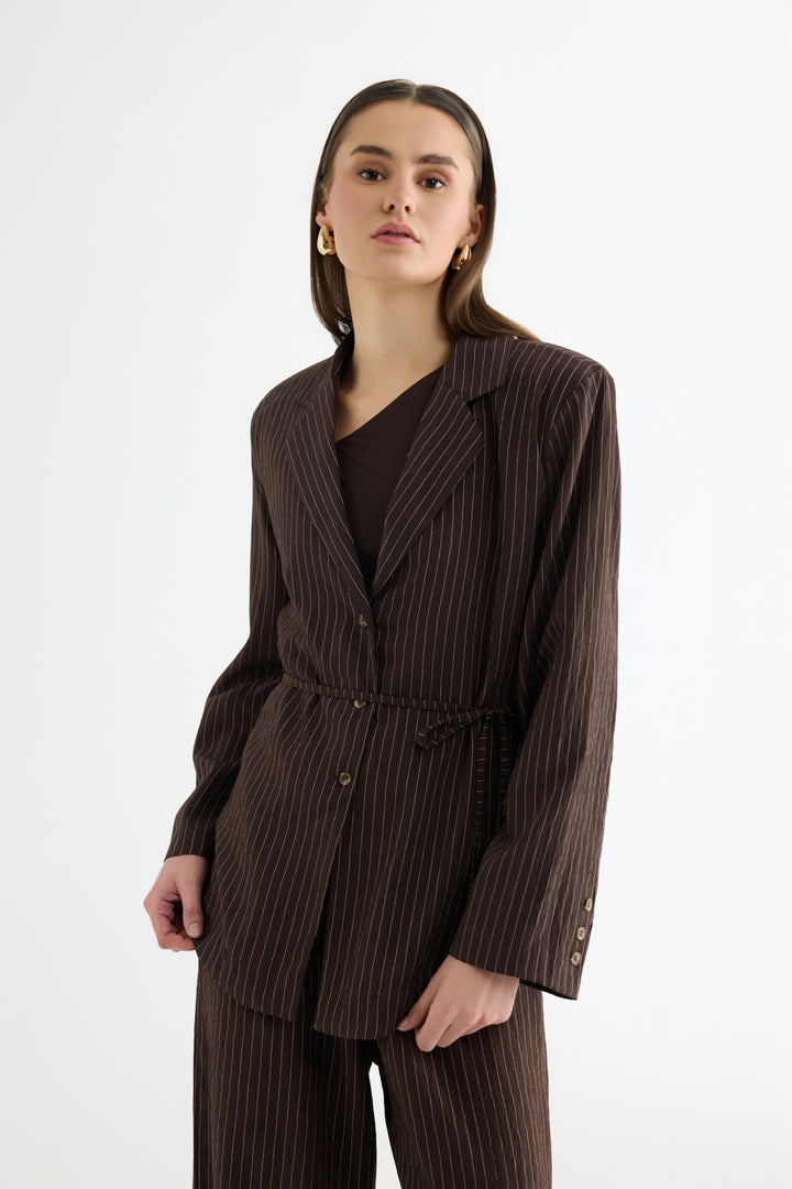 Çizgili Bağcıklı Gömlek Ceket Kahverengi