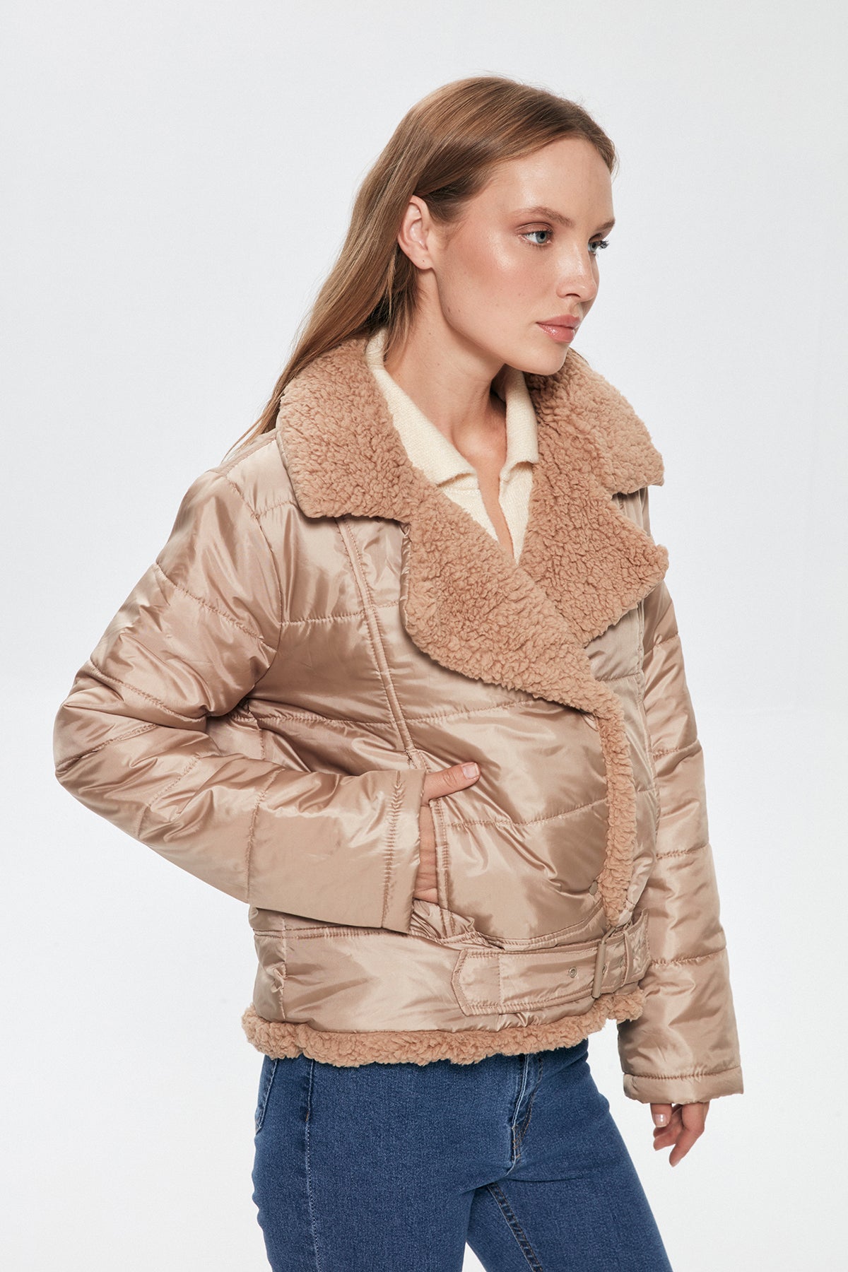 Plush Detailed Puffer Coat Beige