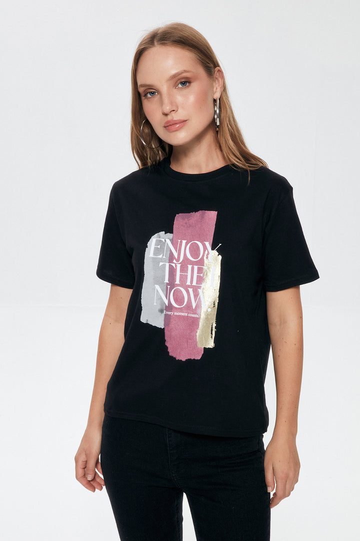 Printed Detailed Short Sleeve T-Shirt Black