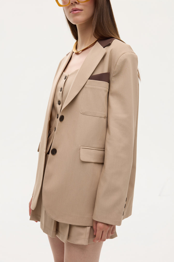 Kontrast Yaka Mendil Garnili Oversize Blazer Ceket Bej