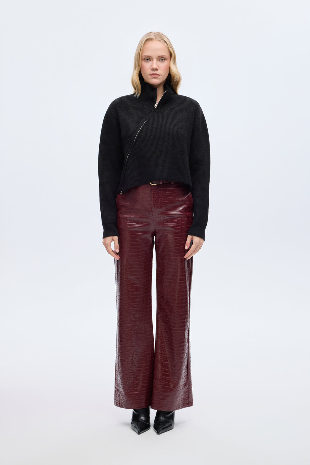 Asimetrik Fermuarlı Triko Kazak Siyah