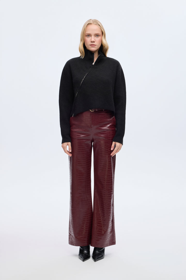 Asimetrik Fermuarlı Triko Kazak Siyah