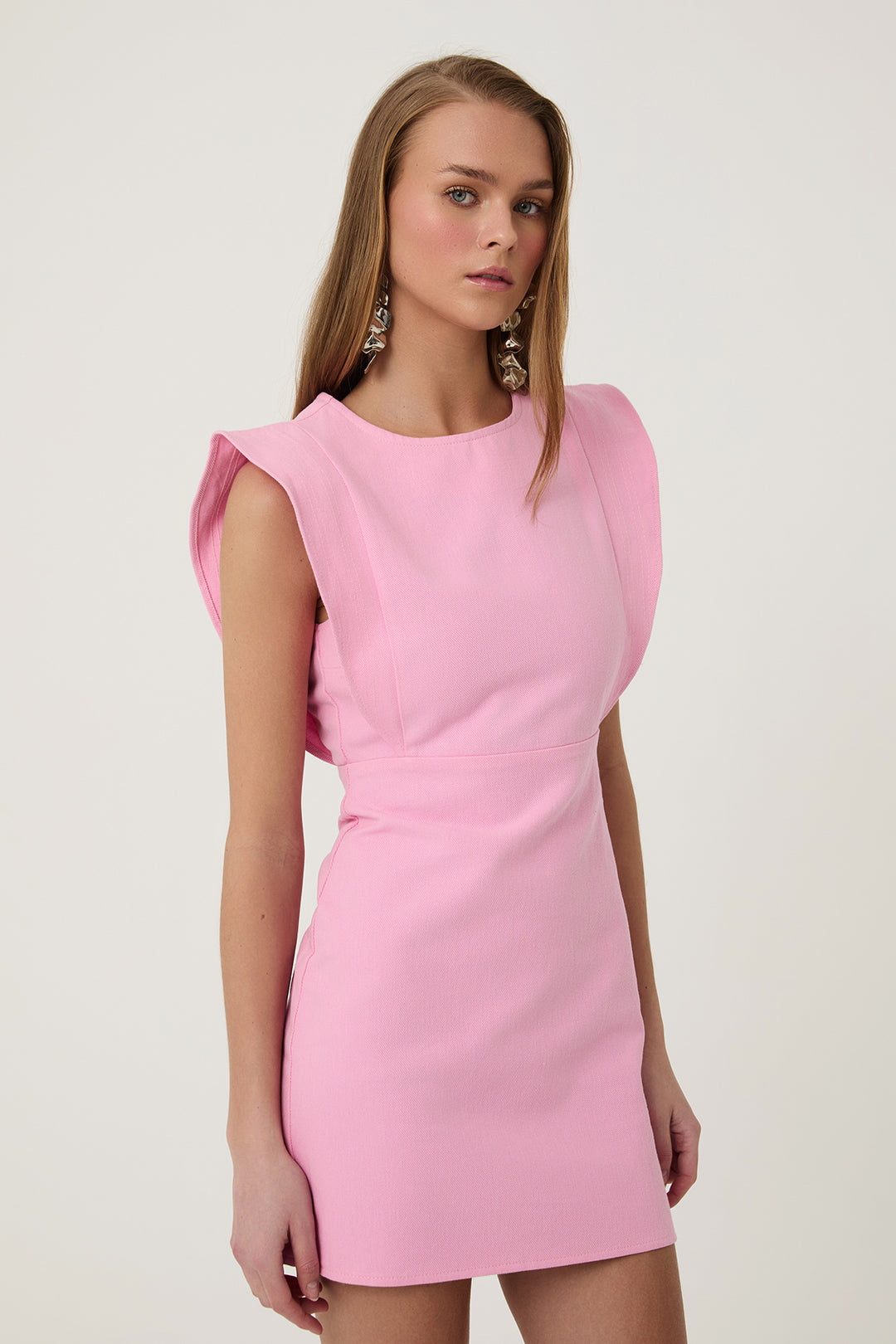 Volanlı Gabardin Elbise Pembe