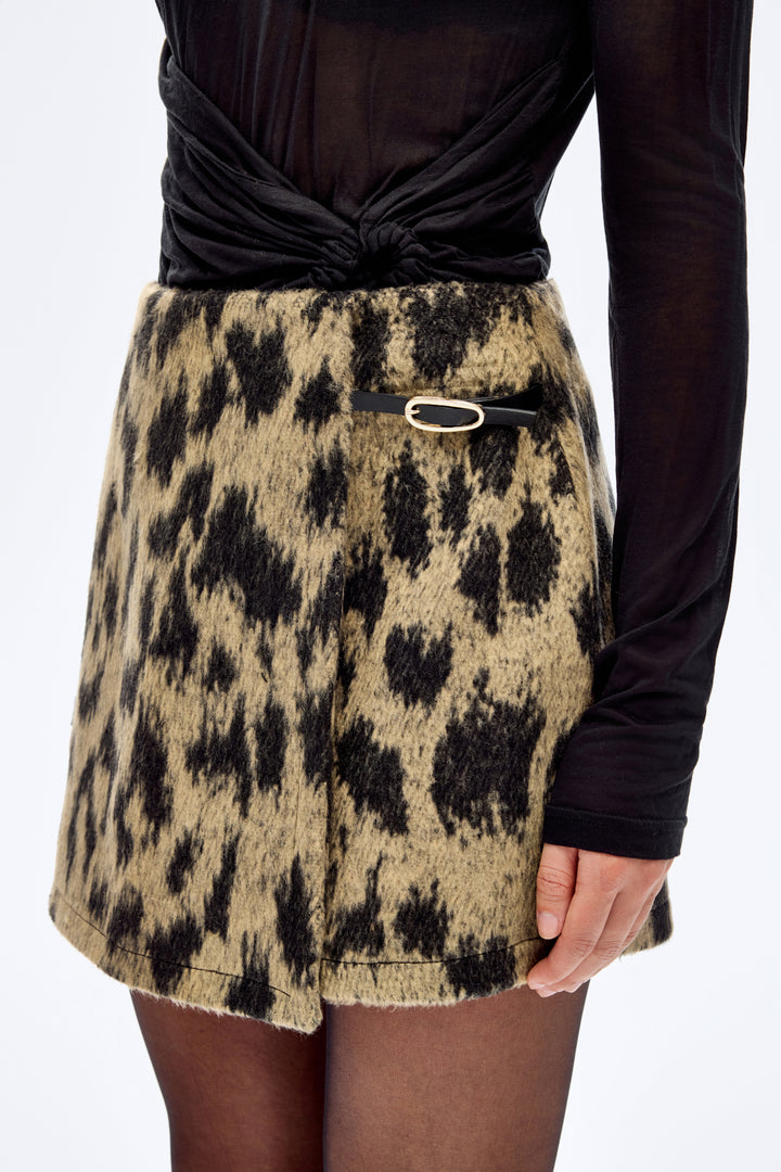 Leopar Kemer Detay Mini Etek Bej