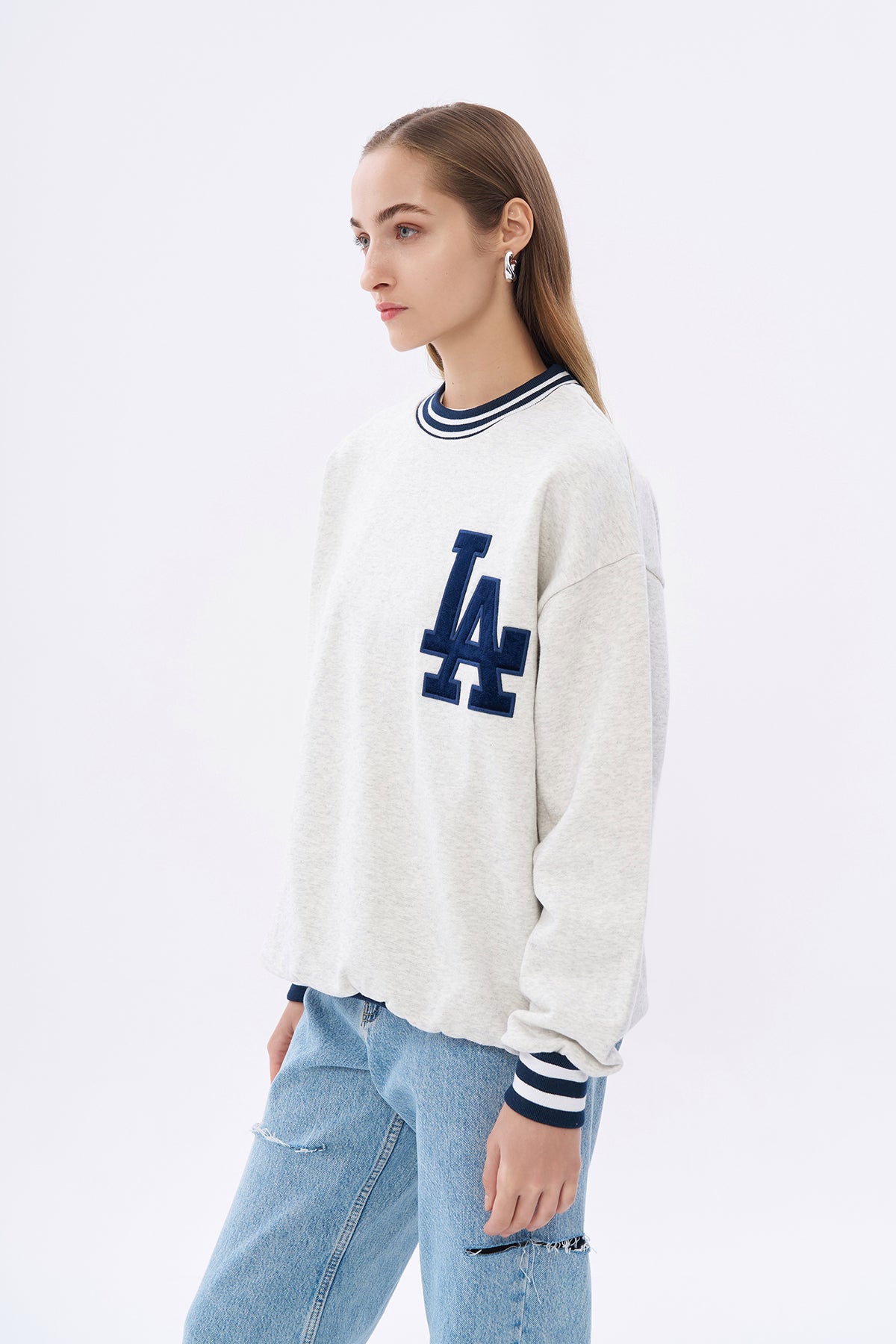 Biye Detaylı Baskılı Oversize Sweatshirt Gri