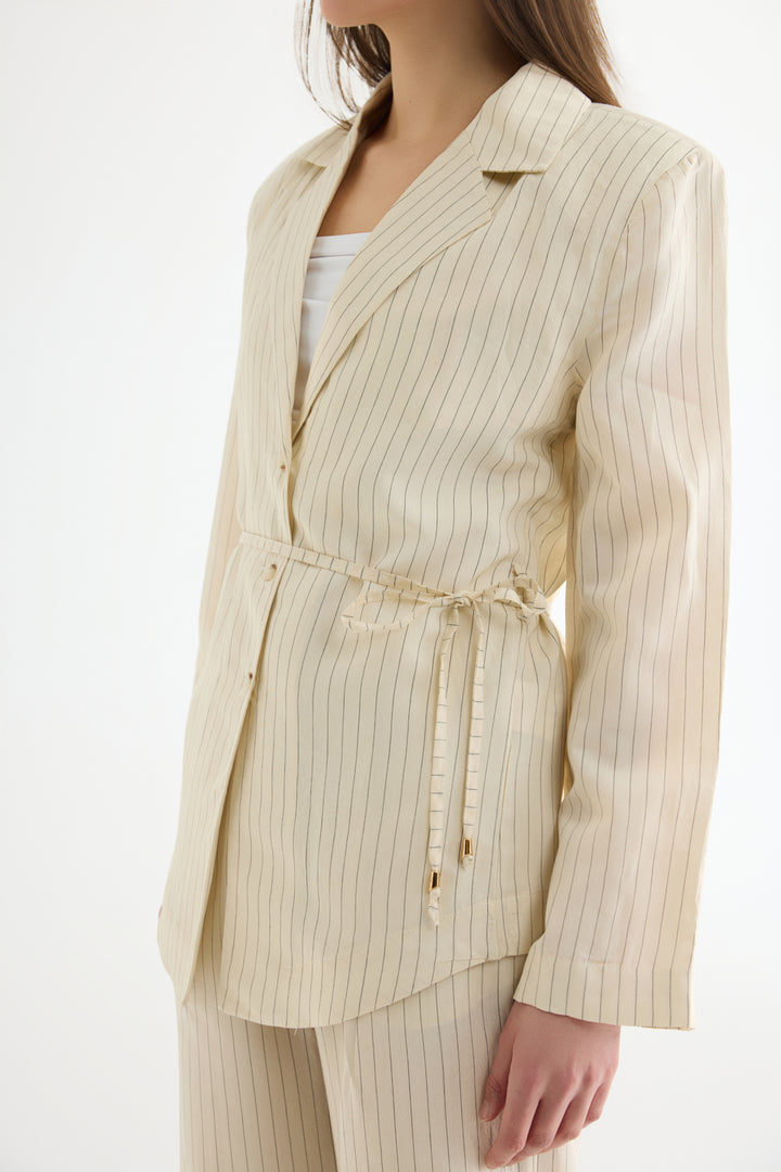 Çizgili Bağcıklı Gömlek Ceket Ekru