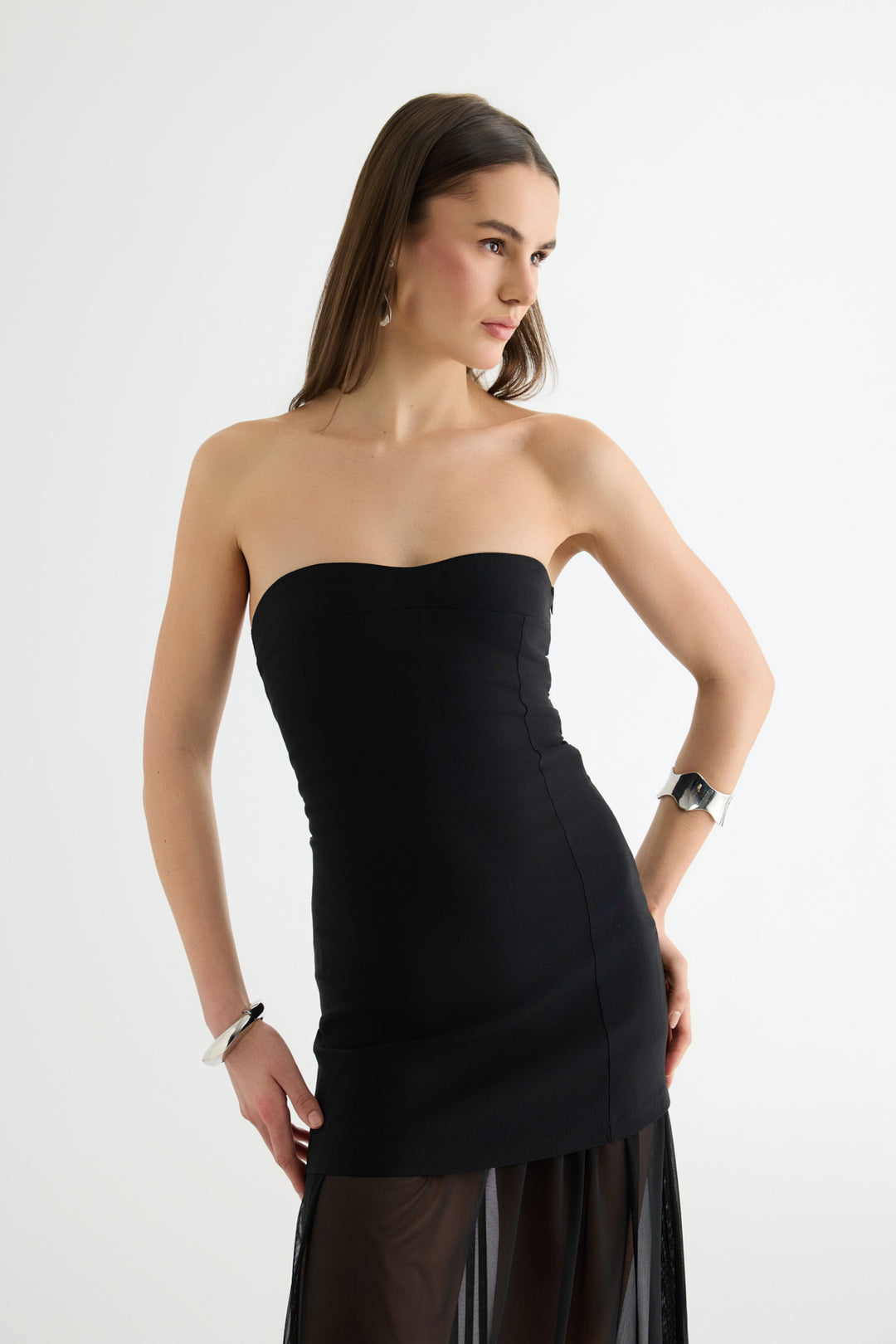 Straplez Kombine Midi Elbise Siyah