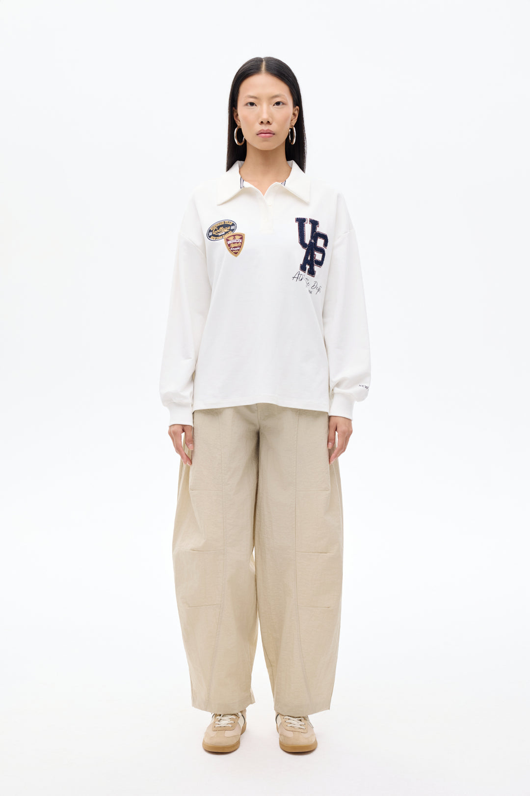 Arma Nakışlı Polo Yaka Oversize Sweatshirt Ekru
