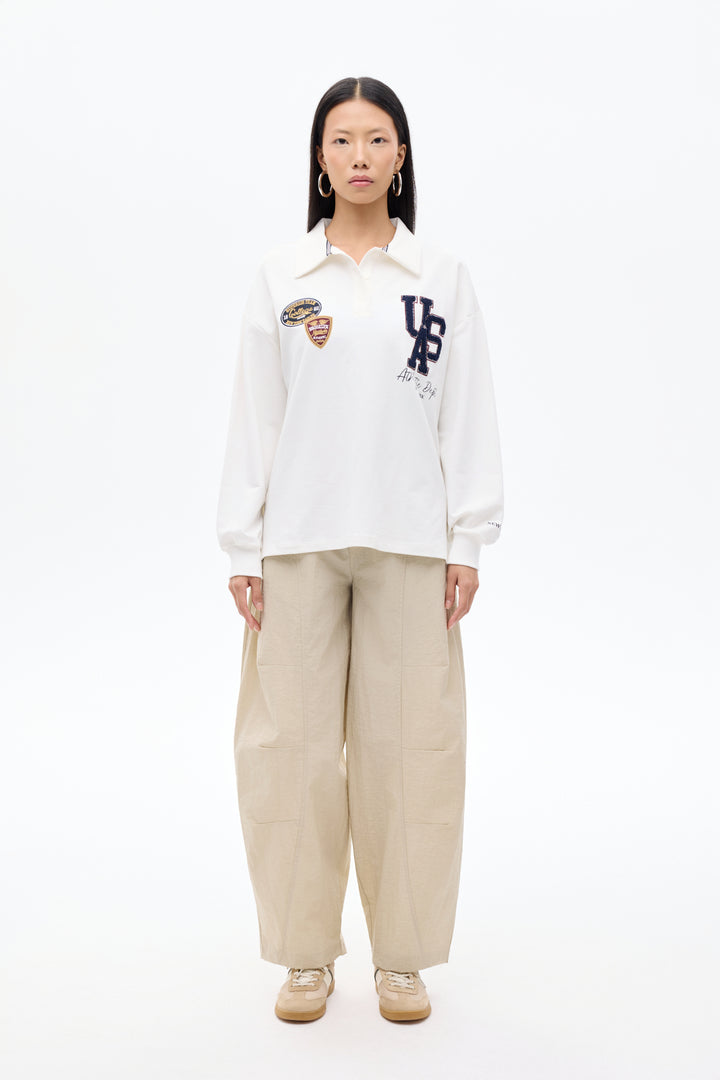 Arma Nakışlı Polo Yaka Oversize Sweatshirt Ekru