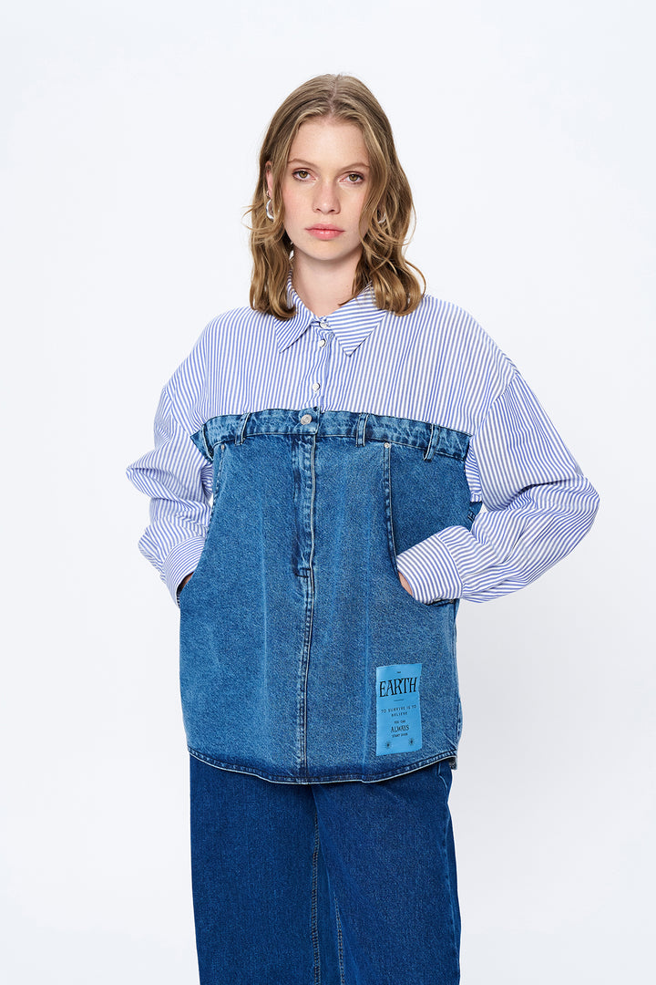 Çizgi Detaylı Denim Gömlek Mavi
