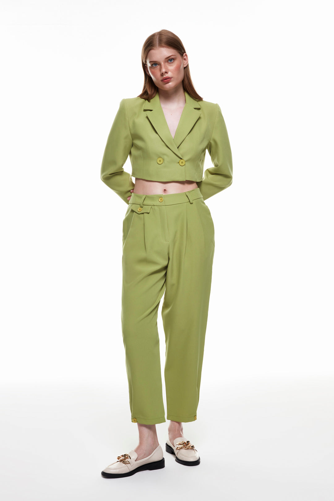 High Waist Trousers with Button Detail Olive