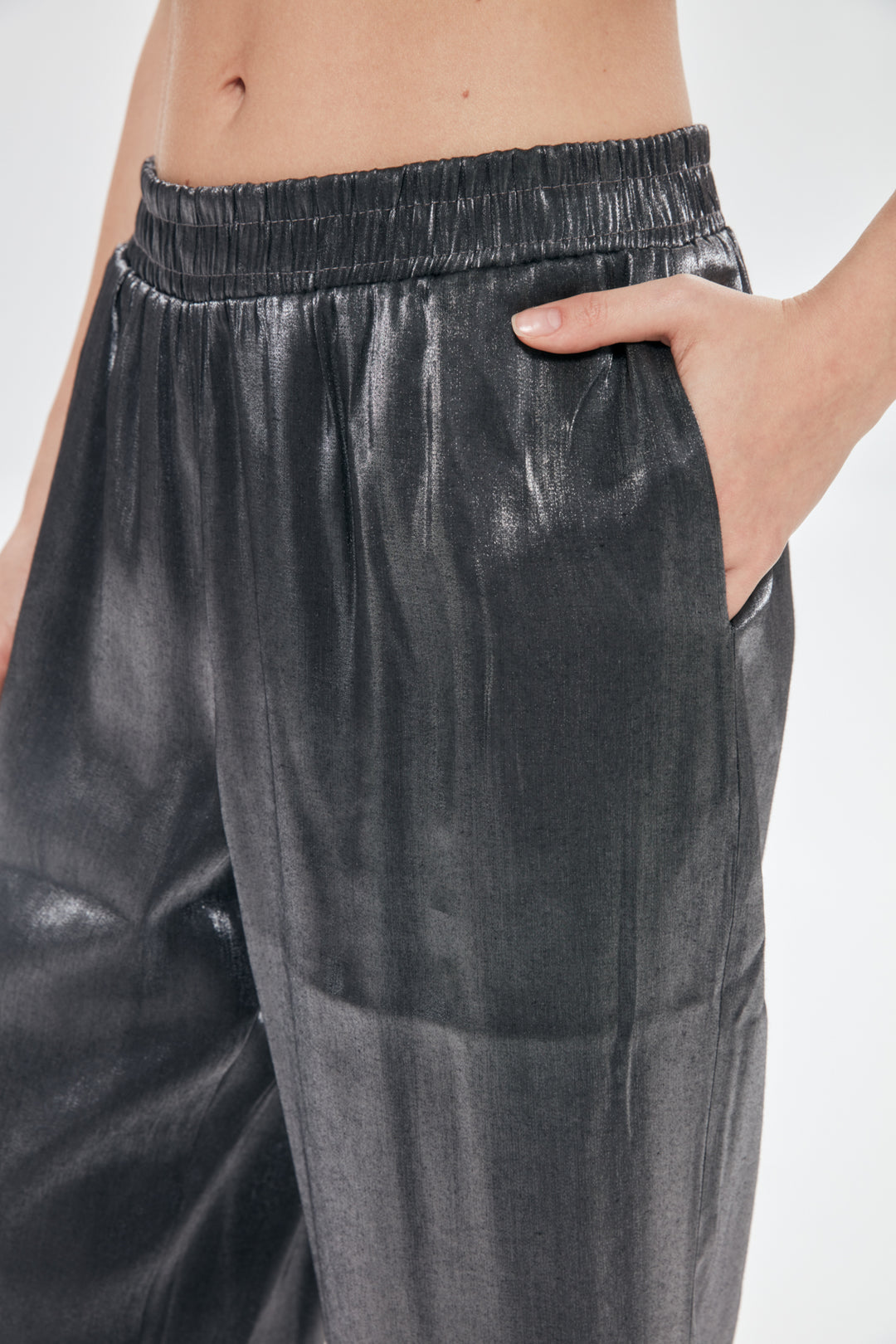 Yüksek Bel Parlak Görünümlü Pantolon Gri