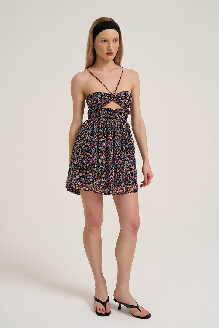 Decollete Floral Mini Dress Black