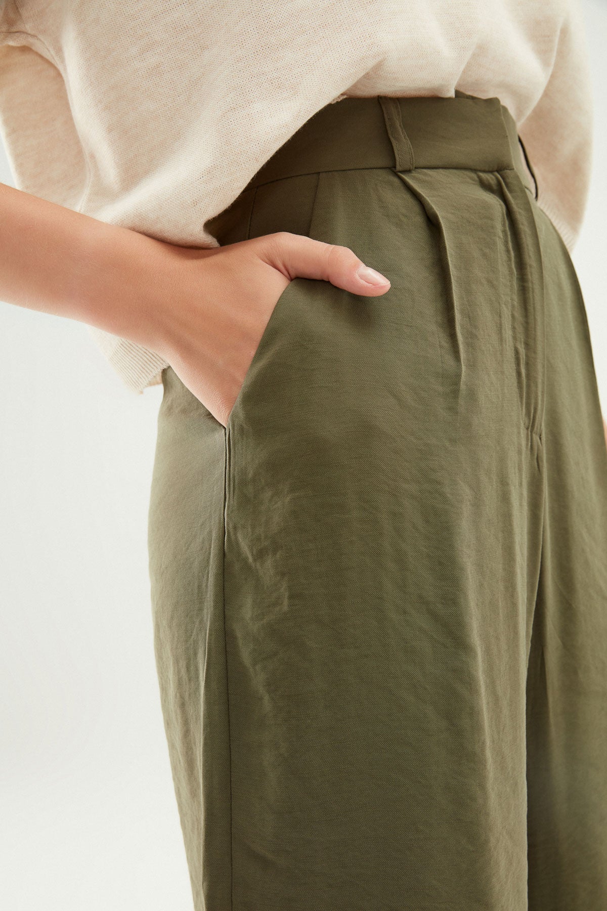 Yüksel Waist Wide Leg Trousers Khaki