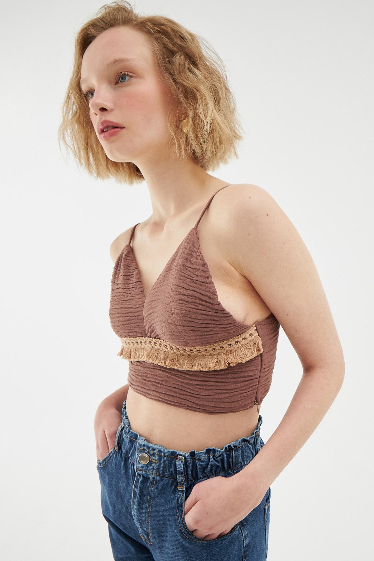 Ruffled Strap Crop Blouse Brown