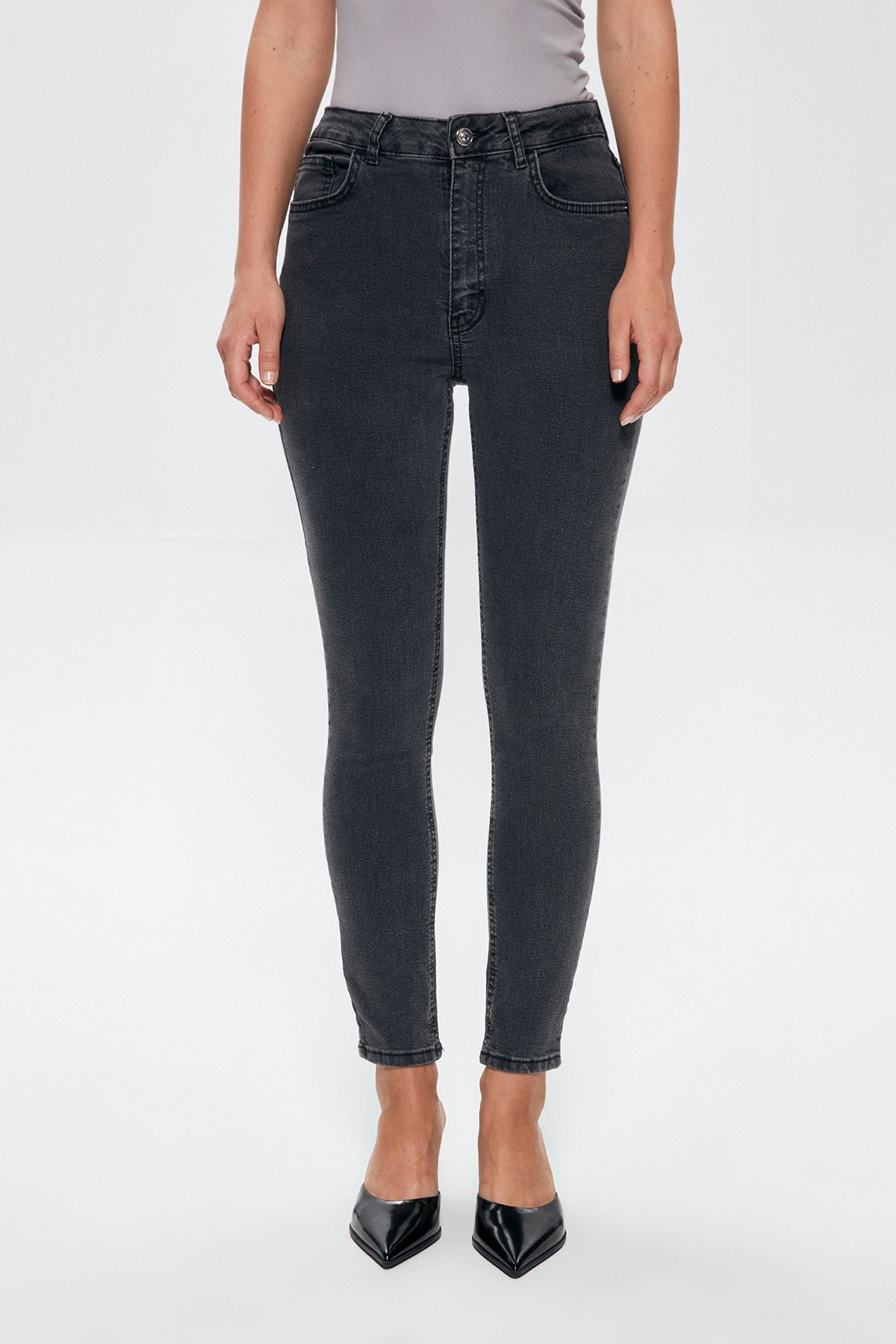 High Waist Slim Leg Jeans Trousers Gray