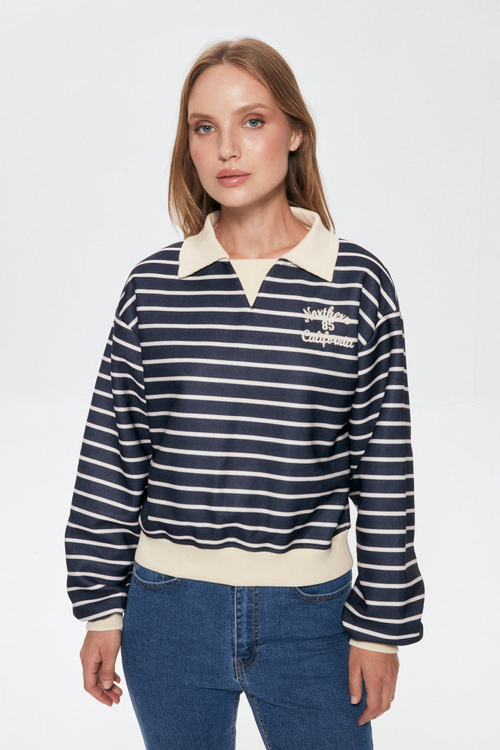 Gömlek Yaka Çizgili Sweatshirt Lacivert