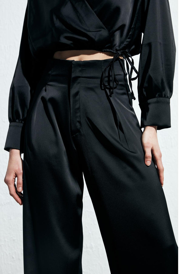 High Waist Satin Wide Leg Trousers Black