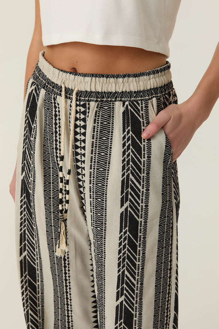 Etnik Desenli Keten Pantolon Naturel