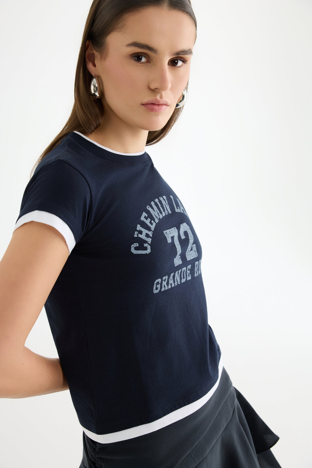 Yazı Baskılı Reglan Garnili Tişört Lacivert