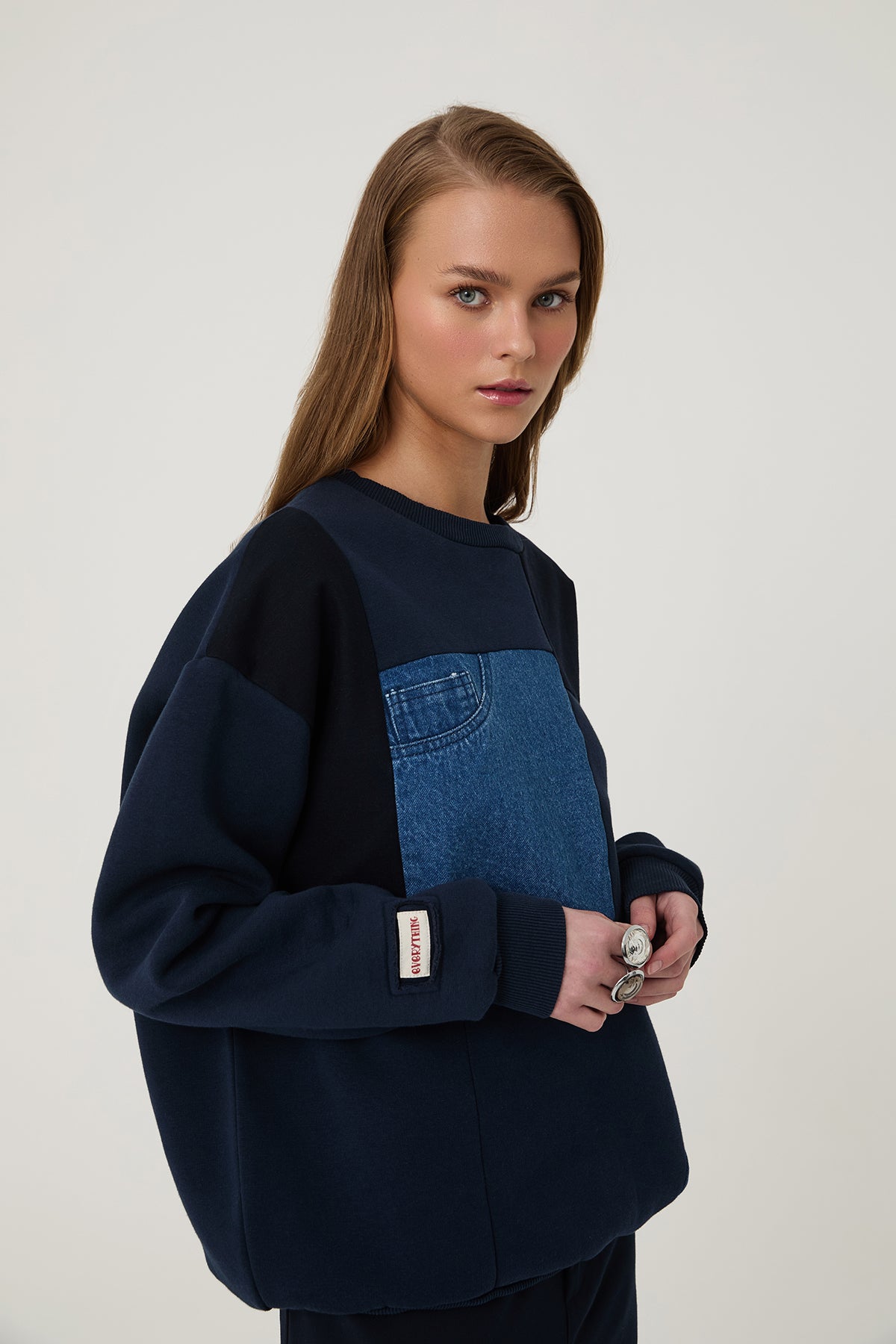 Denim Blok Detaylı Sweatshirt Lacivert