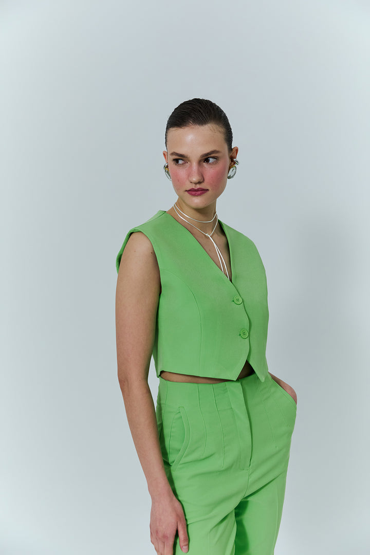 Düğme Detaylı Kısa Yelek Ceket Yeşil