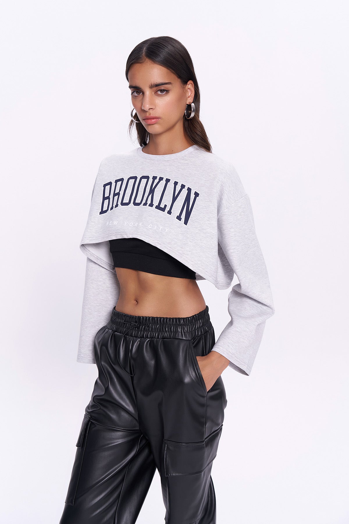 İçi Askılı Match Detaylı Crop Sweatshirt Gri