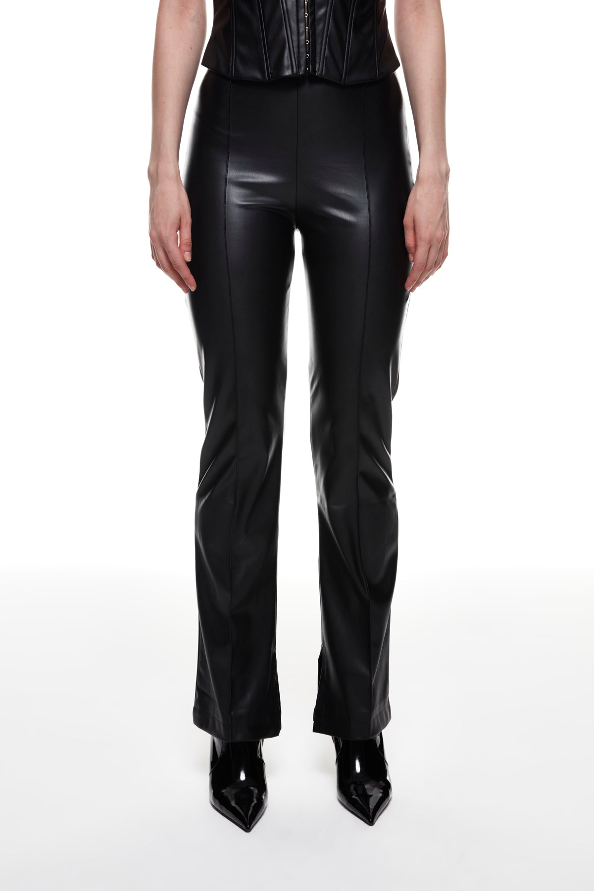 Slit High Waist Leather Trousers Black