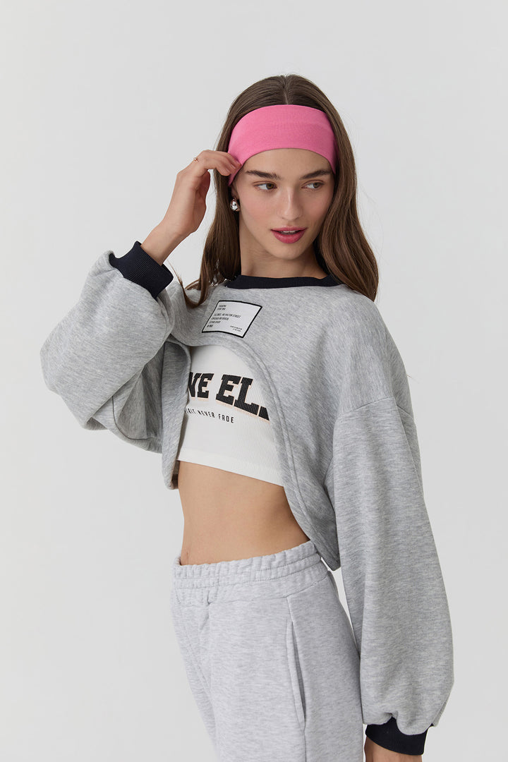Atlet Detaylı Baskılı Crop Sweatshirt Gri