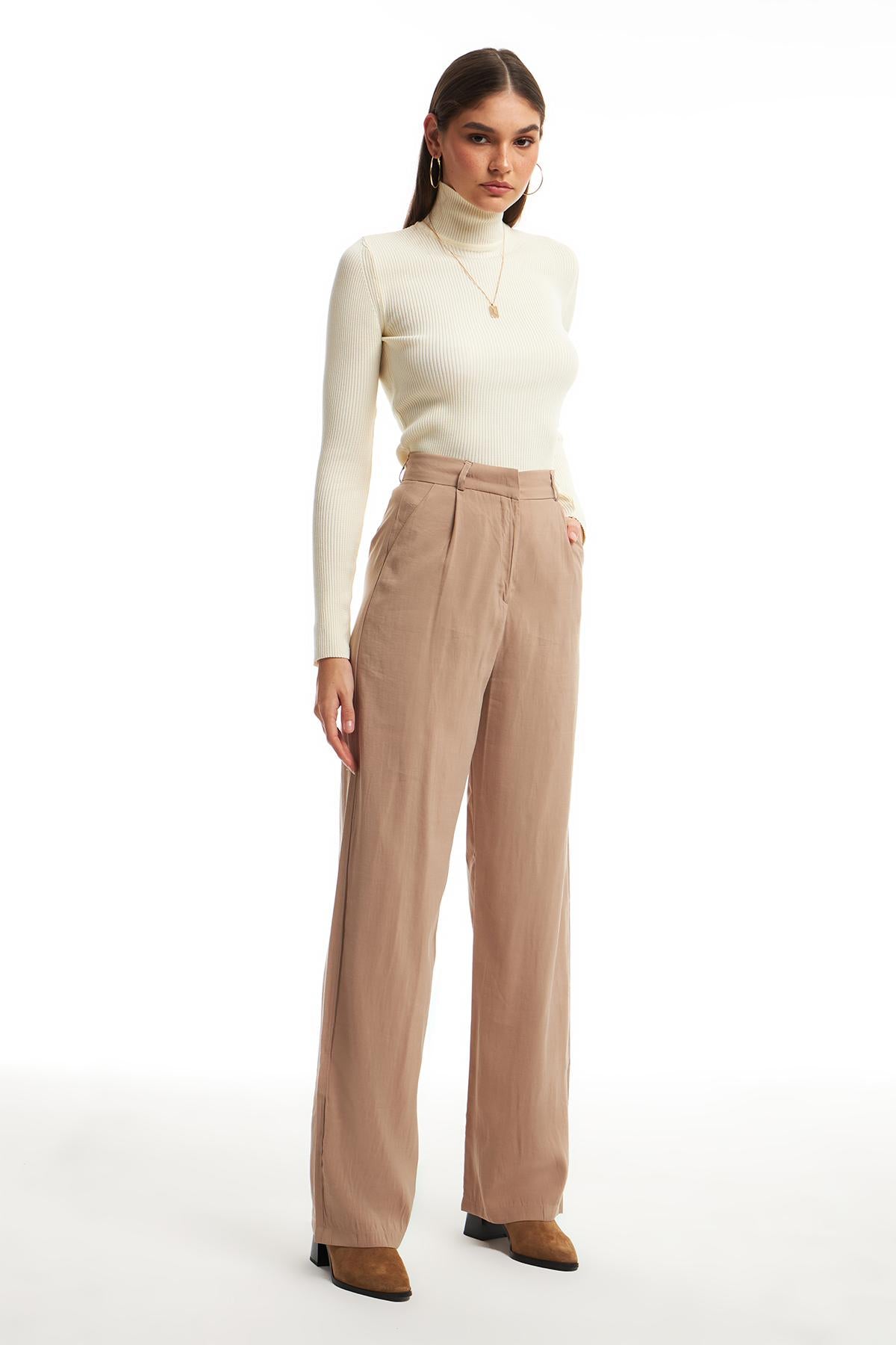 Wide Leg Fabric Trousers Beige