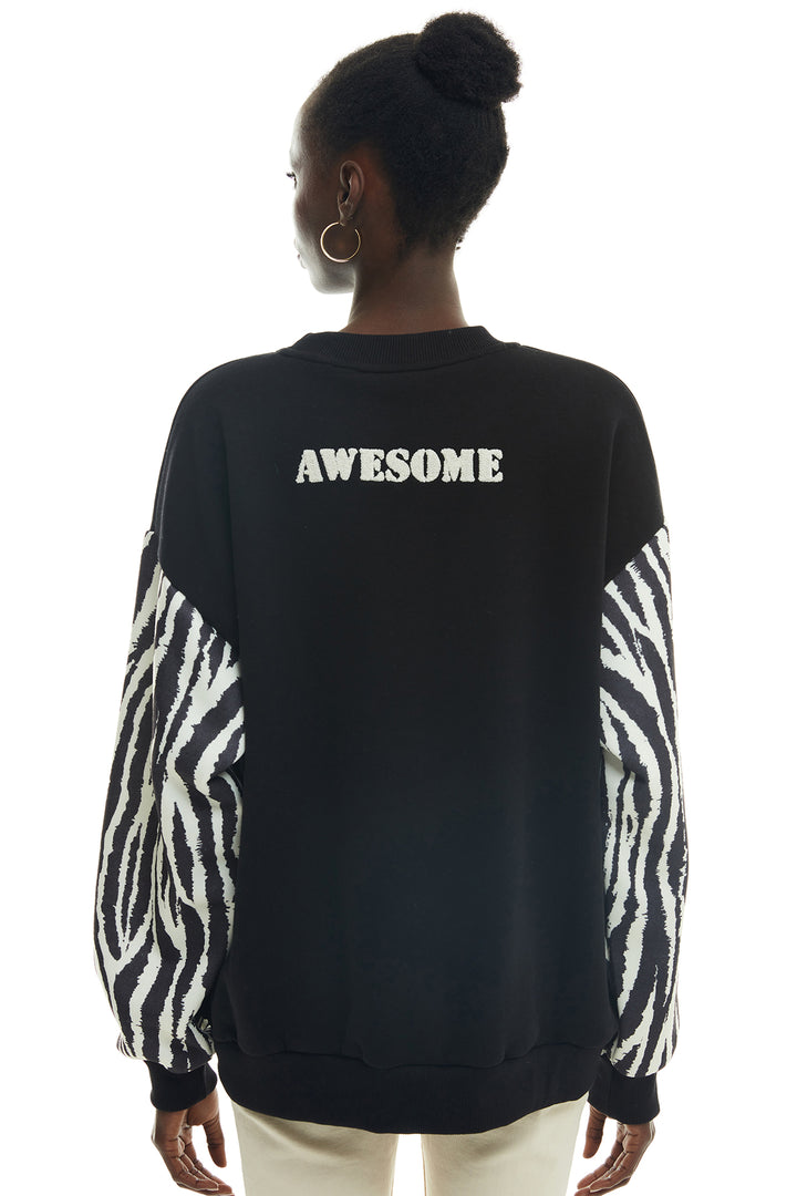 Kolları Zebra Baskılı Sweatshirt Siyah
