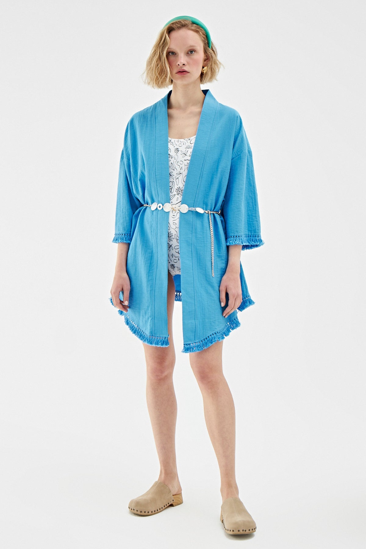 Chain Accessory Tasseled Kimono Blue