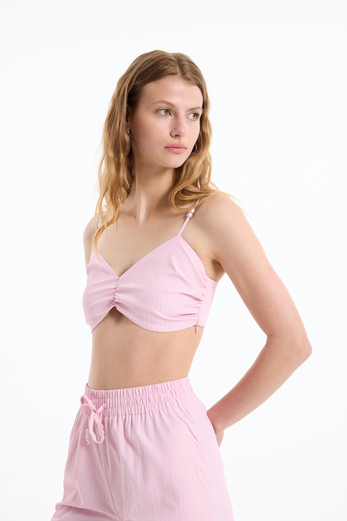 Boncuk Askılı Çizgili Büstiyer Bluz Pembe