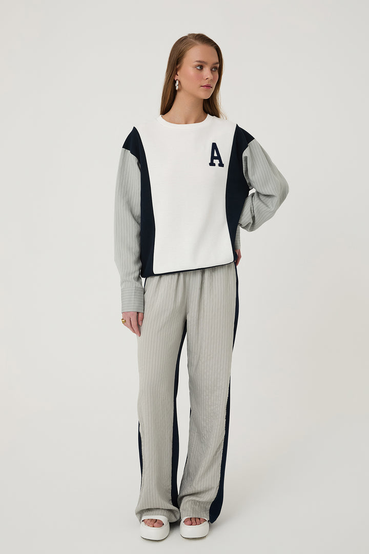 Renk Bloklu Çizgili Sweatshirt Ekru