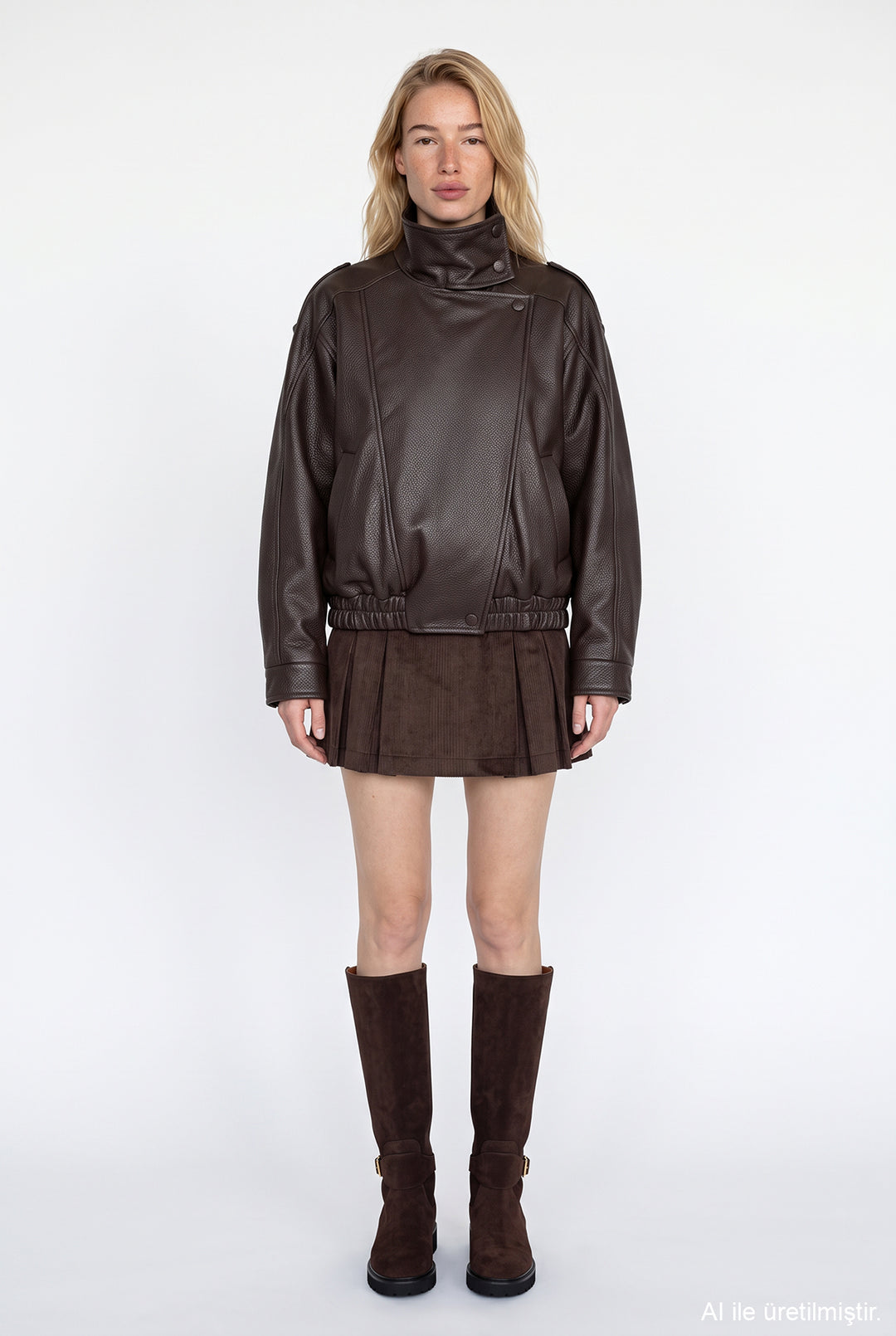 Asimetrik Oversize Bomber Deri Ceket Kahverengi