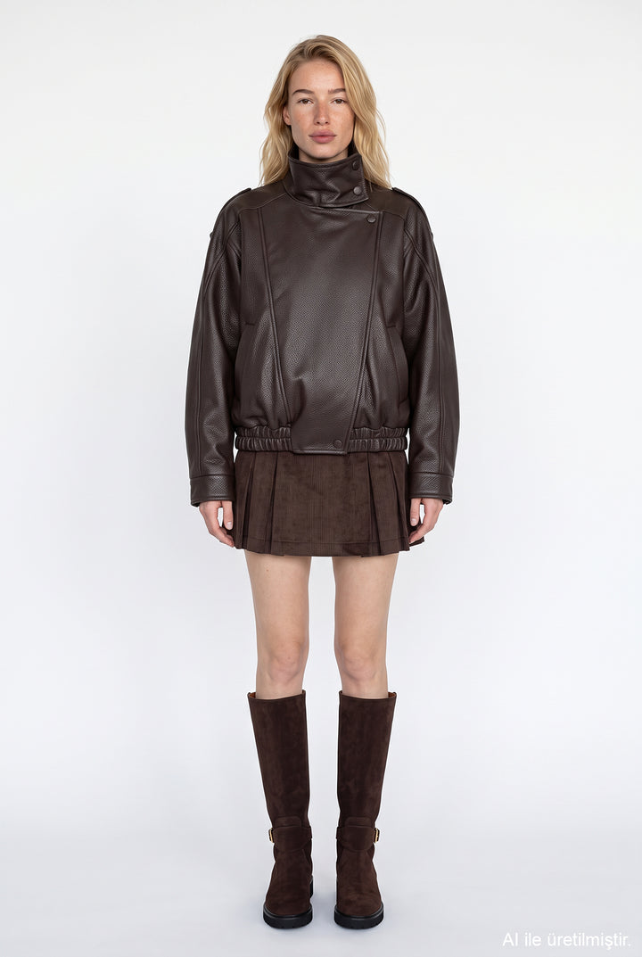 Asimetrik Oversize Bomber Deri Ceket Kahverengi