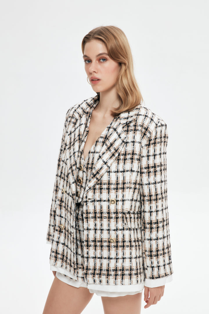 Garni Detailed Tweed Blazer Jacket Beige