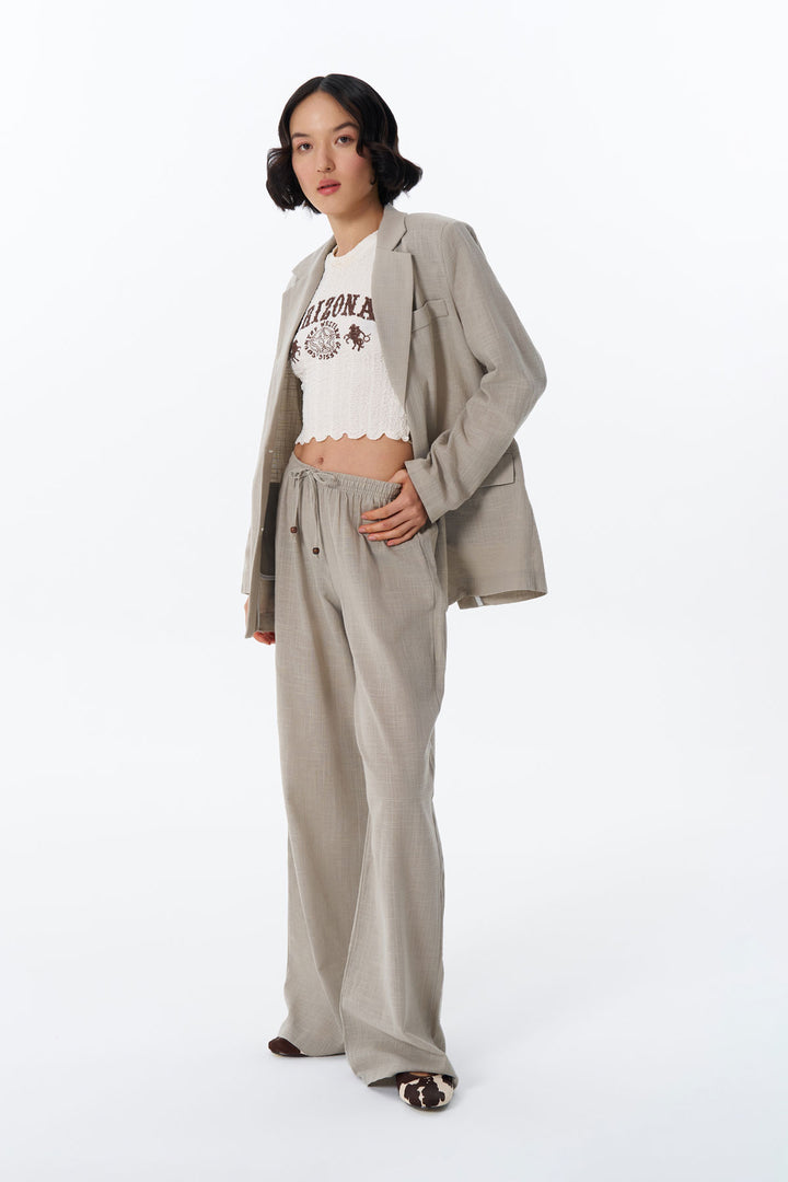 Bağcık Detaylı Beli Lastikli Bol Pantolon Bej