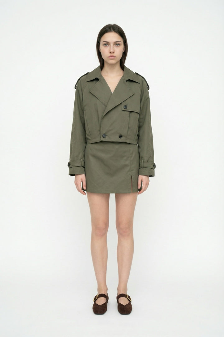 Apoletli Kruvaze Yaka Kısa Trençkot Haki