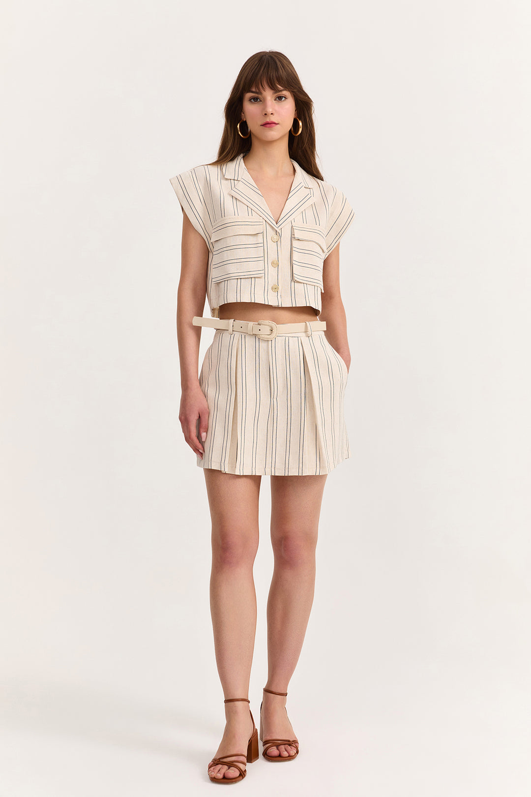 Çizgi Detaylı Büyük Cepli Keten Gömlek Naturel