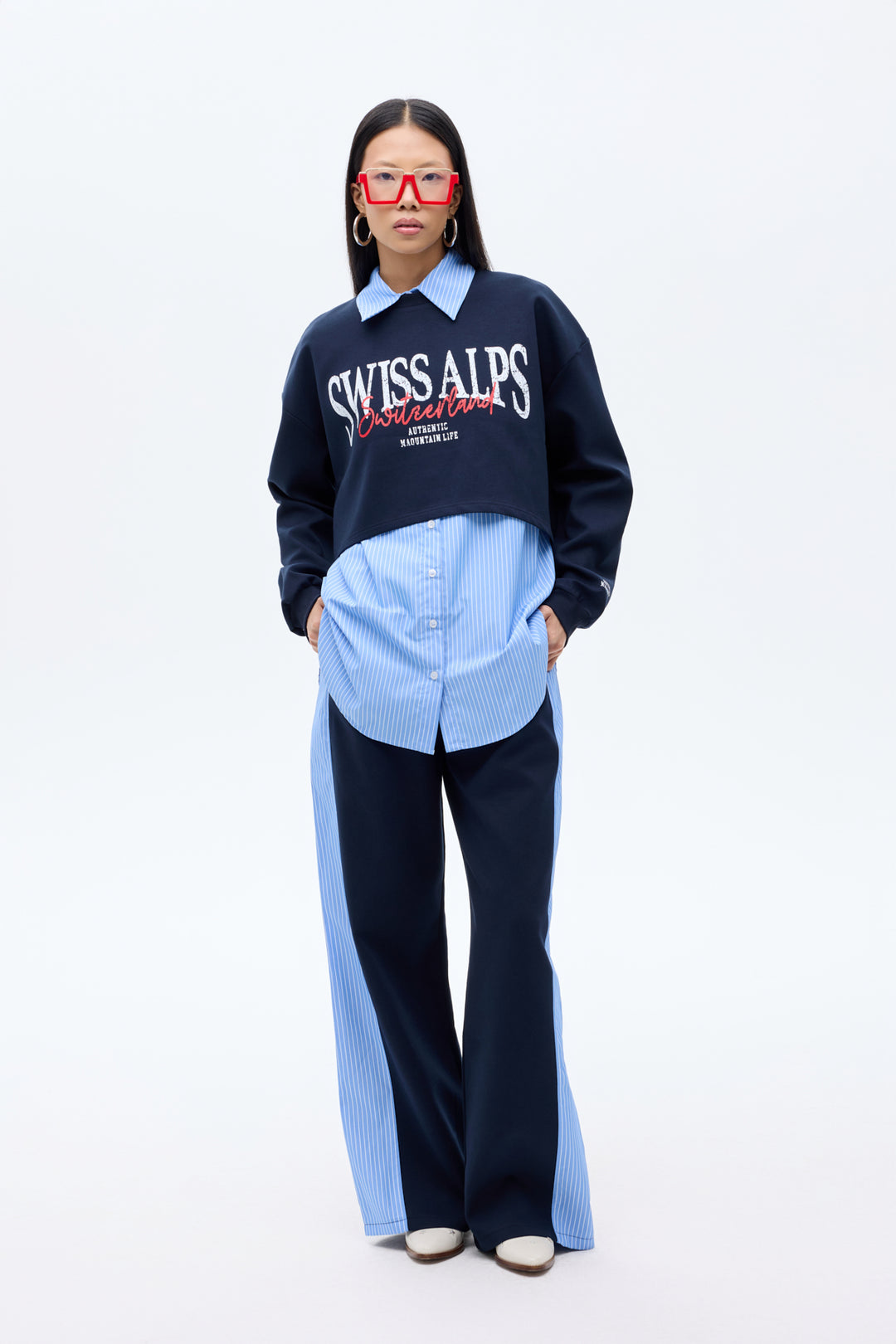 Çizgili Gömlek Garnili Yazı Baskılı Oversize Sweatshirt Mavi