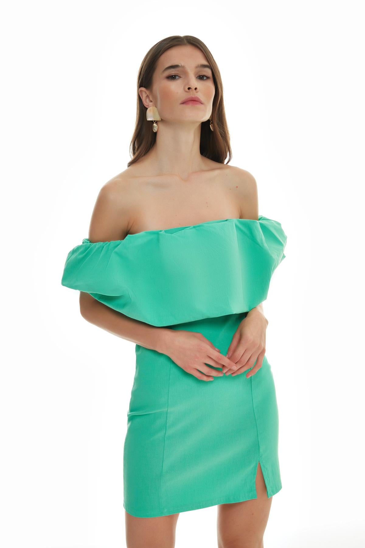 Frill Detailed Strapless Mini Dress Apple Mint