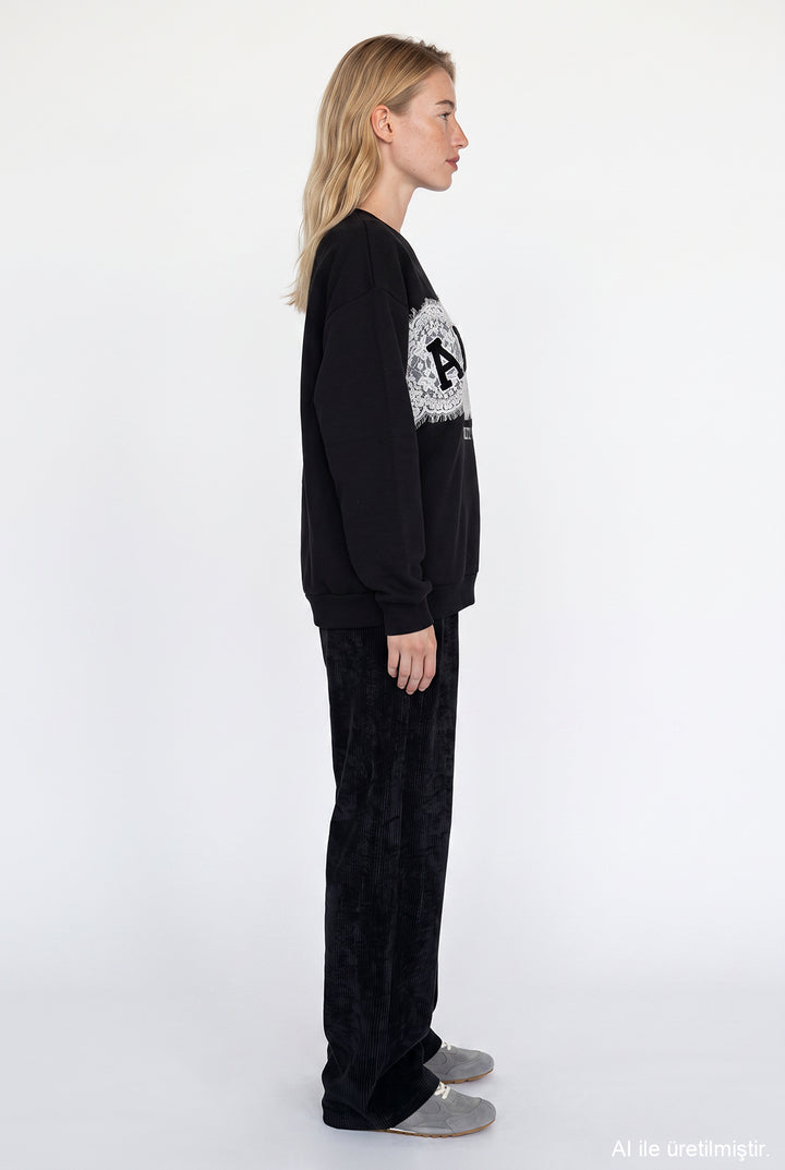 Dantel Aplikeli Oversize Sweatshirt Siyah