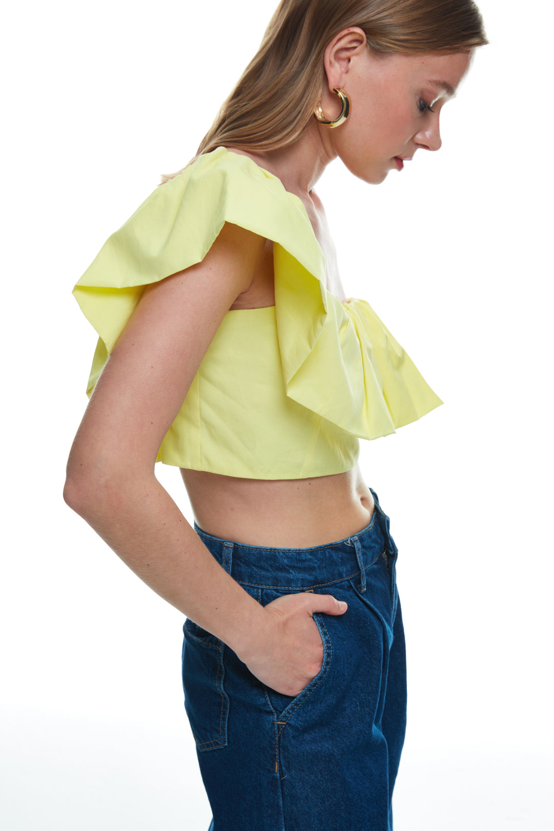 Ruffle Detailed One-Shoulder Crop Blouse Yellow