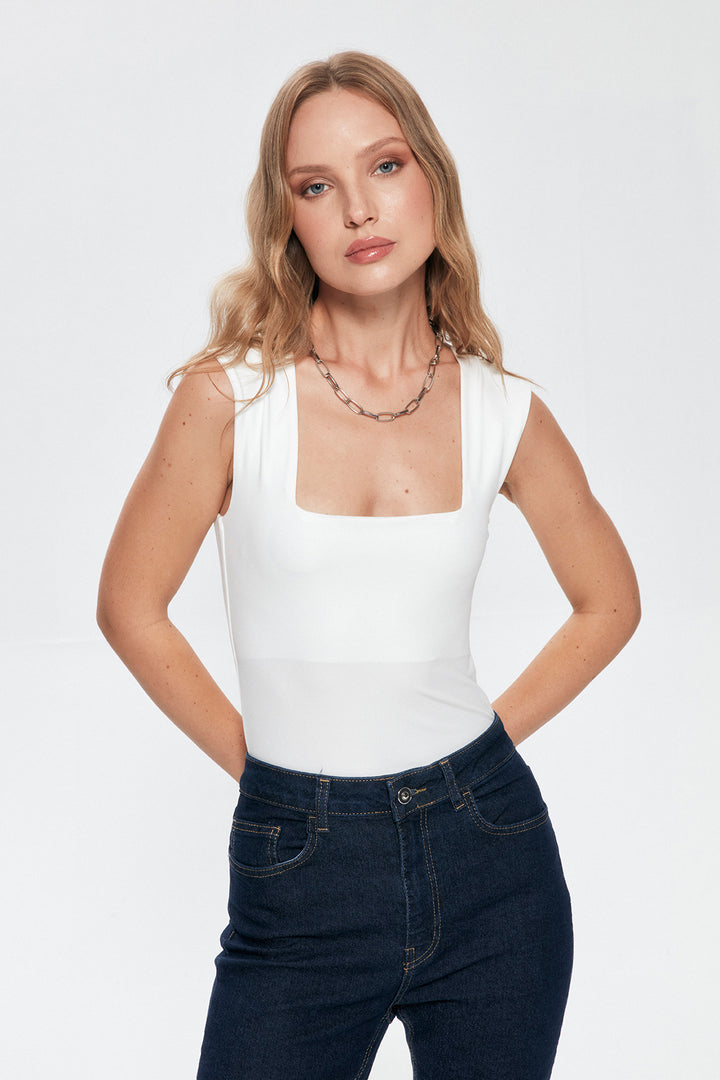 Square Neck Thick Straps Bodysuit Ecru