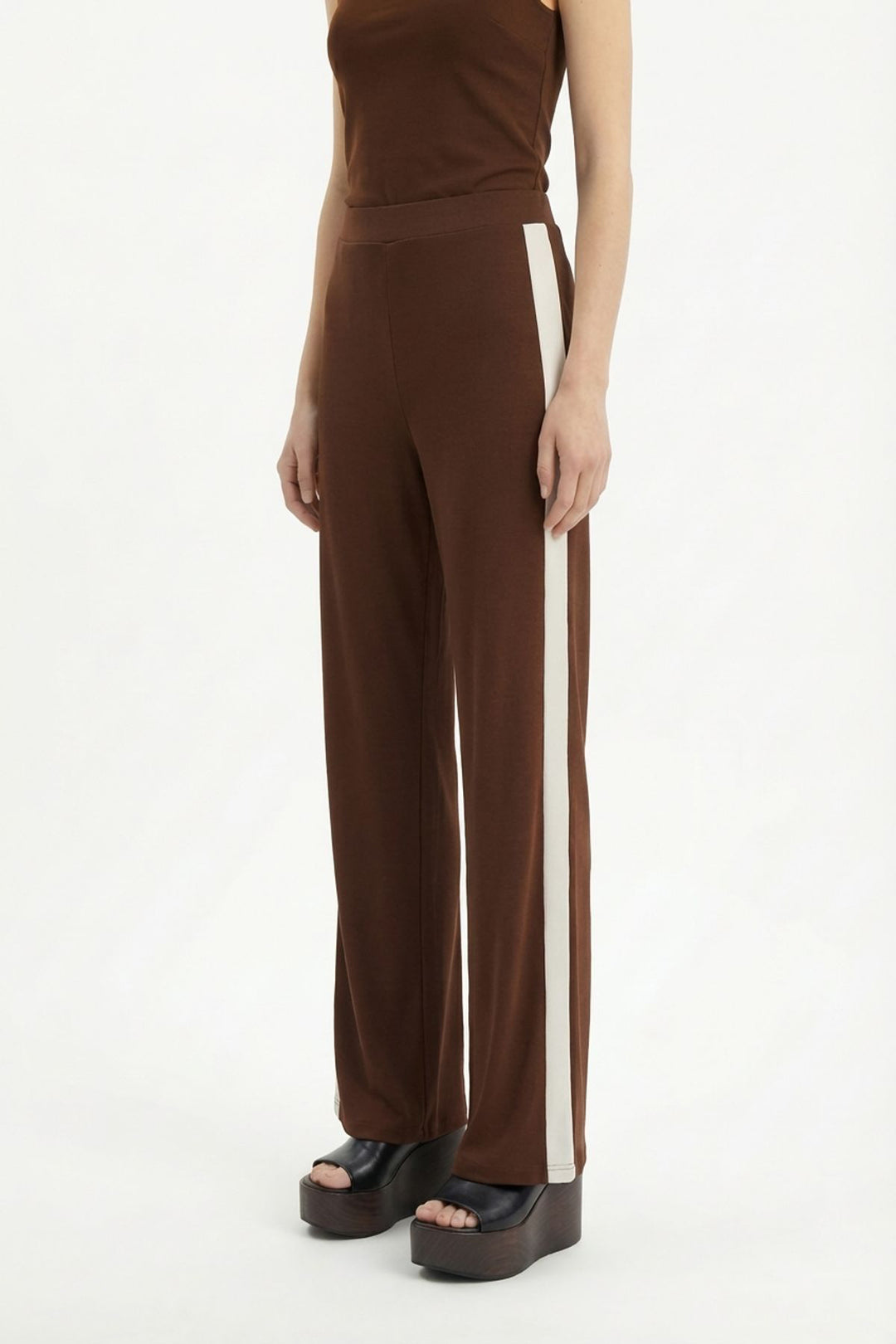 Kontrast Yan Şeritli Bol Paça Pantolon Kahverengi
