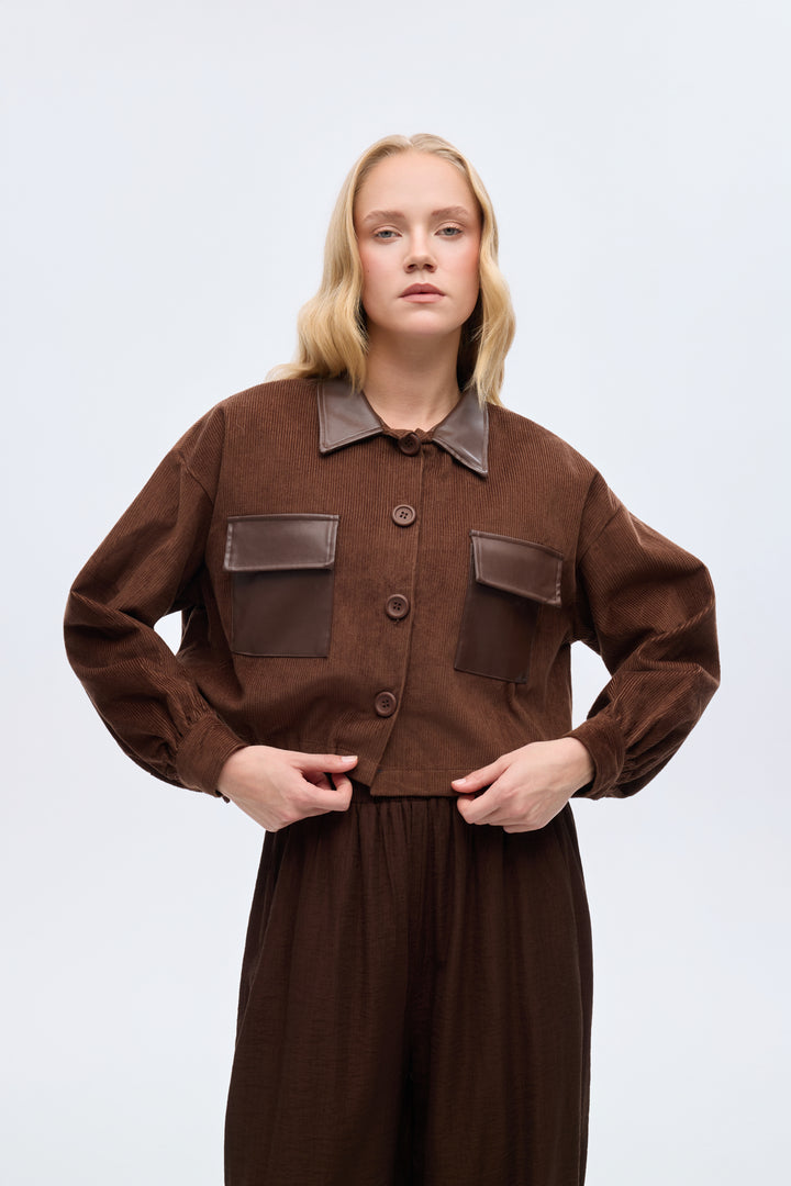 Deri Garnili Kadife Ceket Kahverengi